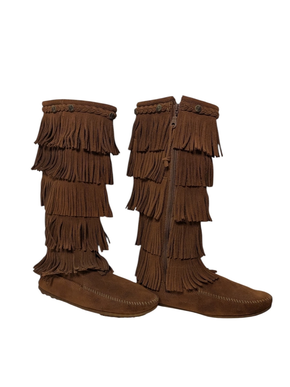 Minnetonka Brown Suede Knee-High 5 Layer Fringe Moccasin Boots - Picture 8 of 13